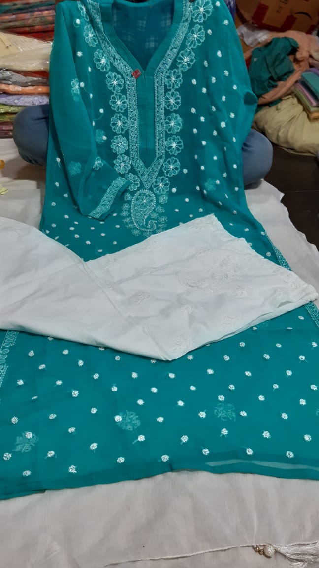 Buy Long Kurti Palazzo Set for Women Lakhnavi Chikankari Hand Embroidery  Suit Set Printed Modal Fabric (38, Hazel Wood) at Amazon.in